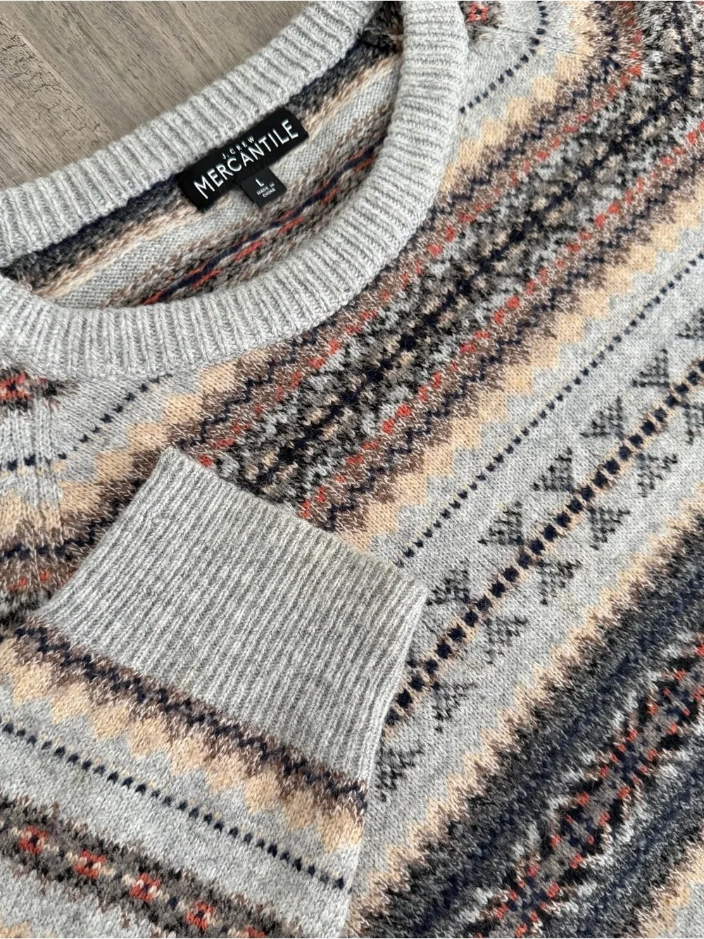 Men's J. Crew vintage Nordic Lambswool SweaLight Gray Fair Isle Crewneck Sweater